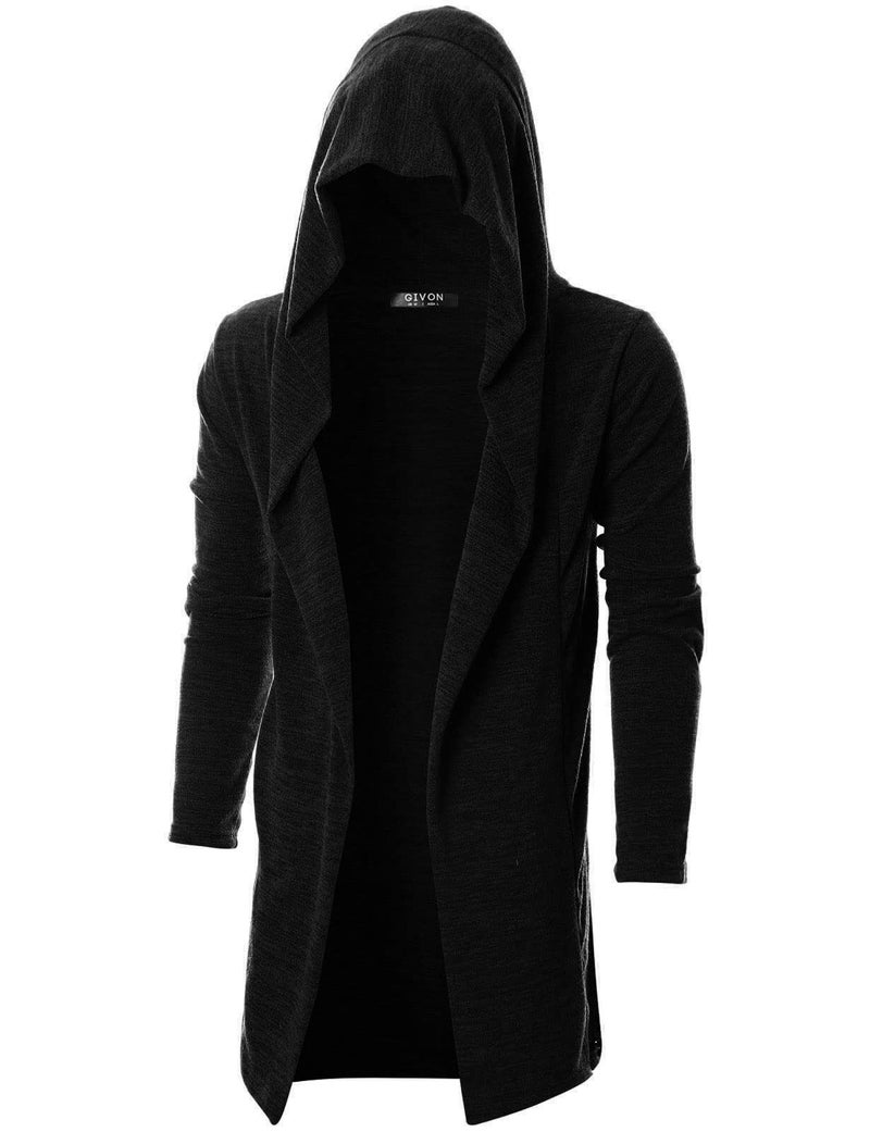 GIVON Men's Long Hooded Shawl Cardigan Open Front Gothic Cloak with Drape Design Shawl Collar / DCC055-BLACK-L - Image 1